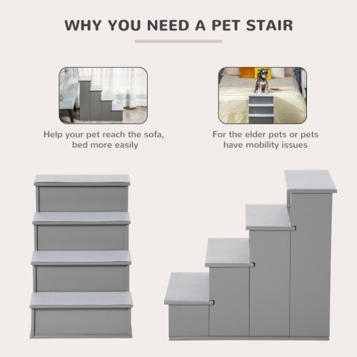 PawHut 4 Step Wooden Dog Steps Pet Stairs For Dogs, Cat Ladder For Bed Couch With Non-Slip Carpet 40 X 59 X 54.2 Cm,