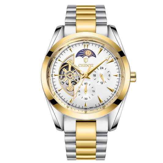 Luxury Automatic Mechanical Watch – Gold & Silver Stainless Steel Skeleton Design