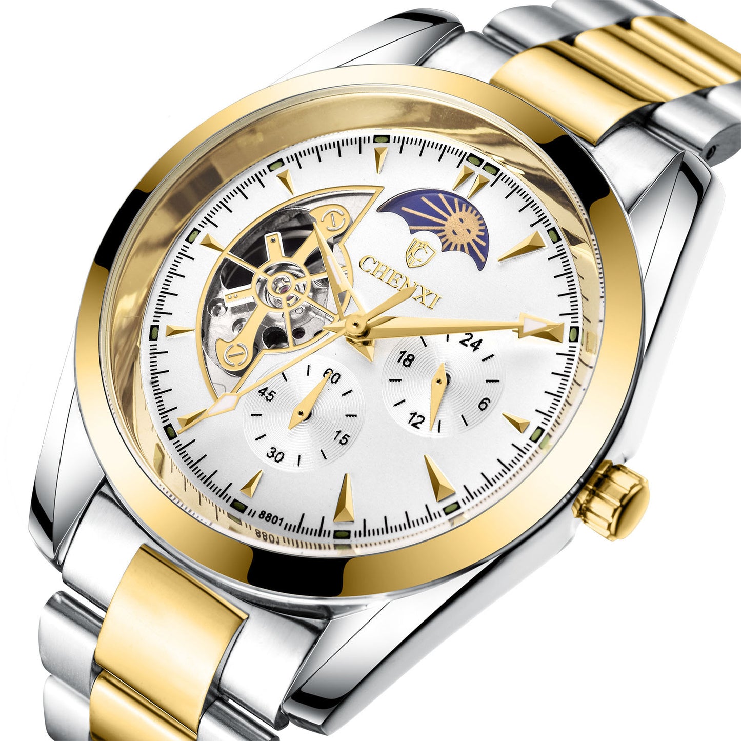 Luxury Automatic Mechanical Watch – Gold & Silver Stainless Steel Skeleton Design