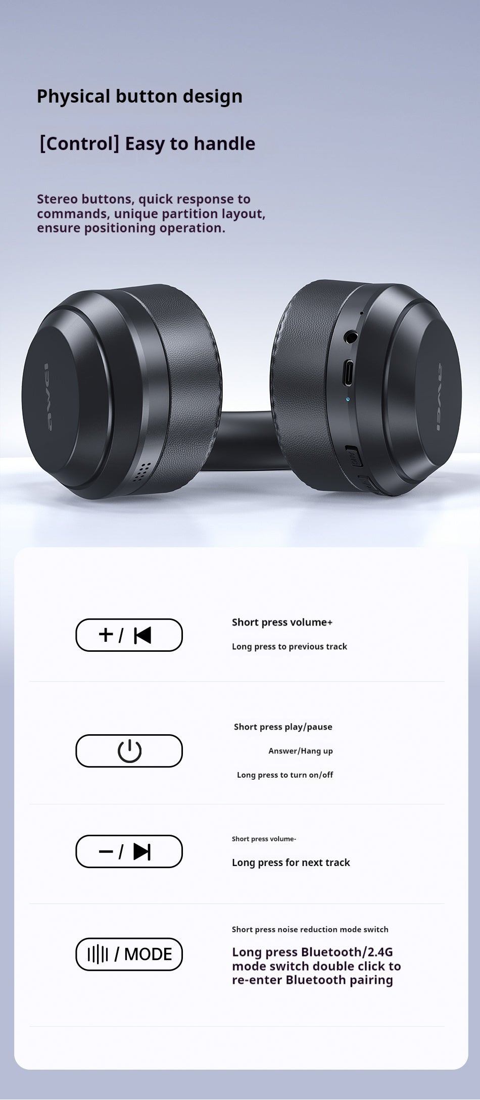 AWEI ANC ENC Hybrid Feed Active Drying-Reducing Bluetooth Headset For Wearing