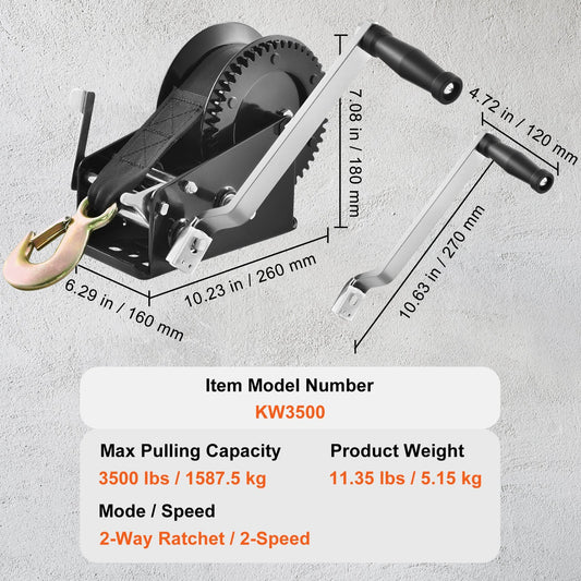 Hand Winch, 1587.6 Kg Pulling Capacity, Boat Trailer Winch Heavy Duty Rope Crank With 1005.8 Cm Polyester Strap And Two-Way Ratchet, Manual Operated Hand Crank Winch For Trailer, Boat Or ATV Towing