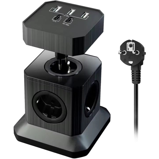 Power Cube Socket with USB Ports – 6-in-1 Extension Tower (Black)