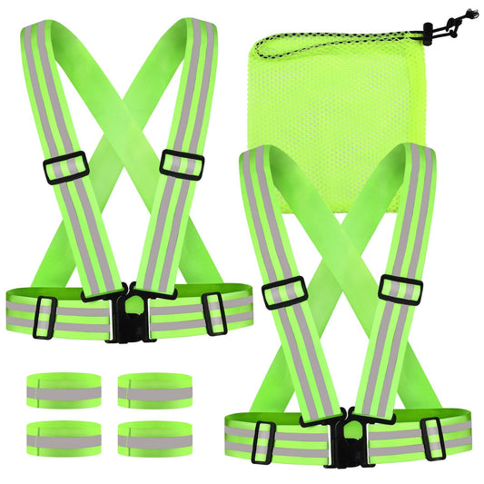 7-in-1 Reflective Vest Set, 2 Adjustable High Visibility Vests, 4 Reflective Wristbands And 1 Yellow Storage Bag For Jogging, Cycling And Hiking In The Dark,