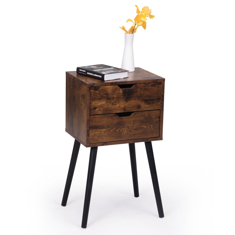 Nightstand With 2 Drawers And Solid Wood Legs For Bedroom Living Room - Brown