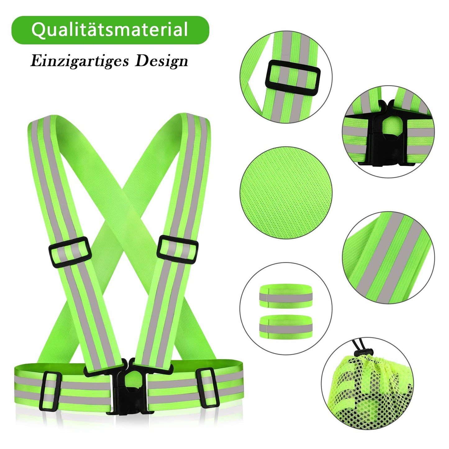 7-in-1 Reflective Vest Set, 2 Adjustable High Visibility Vests, 4 Reflective Wristbands And 1 Yellow Storage Bag For Jogging, Cycling And Hiking In The Dark,