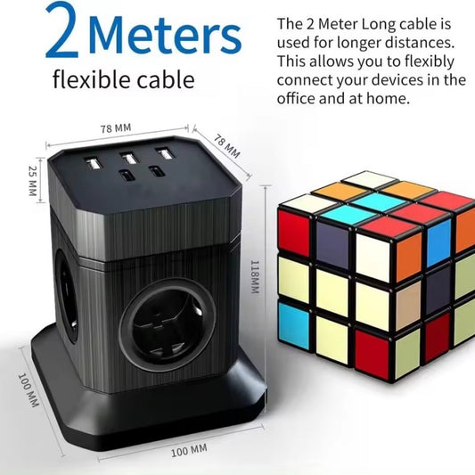 Power Cube Socket with USB Ports – 6-in-1 Extension Tower (Black)
