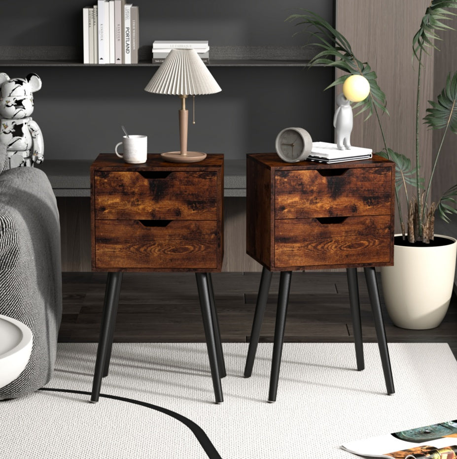 Nightstand With 2 Drawers And Solid Wood Legs For Bedroom Living Room - Brown