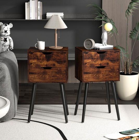 Nightstand With 2 Drawers And Solid Wood Legs For Bedroom Living Room - Brown