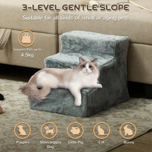 PawHut Three-Step Dog Stairs, With Washable Plush Cover, For High Bed Sofa, Dog Stairs For Small Dog And Cat - Light Gray