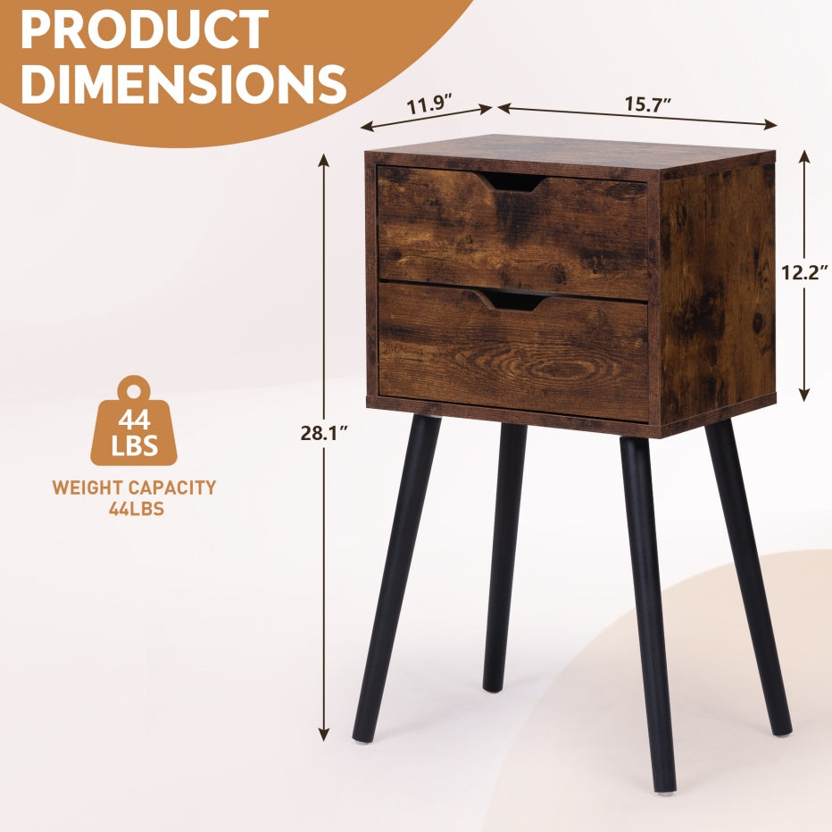 Nightstand With 2 Drawers And Solid Wood Legs For Bedroom Living Room - Brown