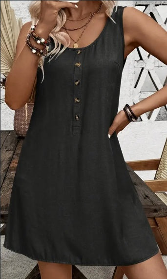 Elegant Women's Round Neck Button-Up Dress - Sleeveless, Solid Color, c, Elegant Special Project Style, Conventional Version, Xia