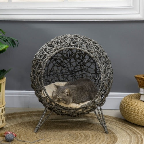 PawHut Rattan Elevated Cat Bed House Kitten Basket Ball Shaped Pet Furniture W Removable Cushion - Silver-Tone And Gray