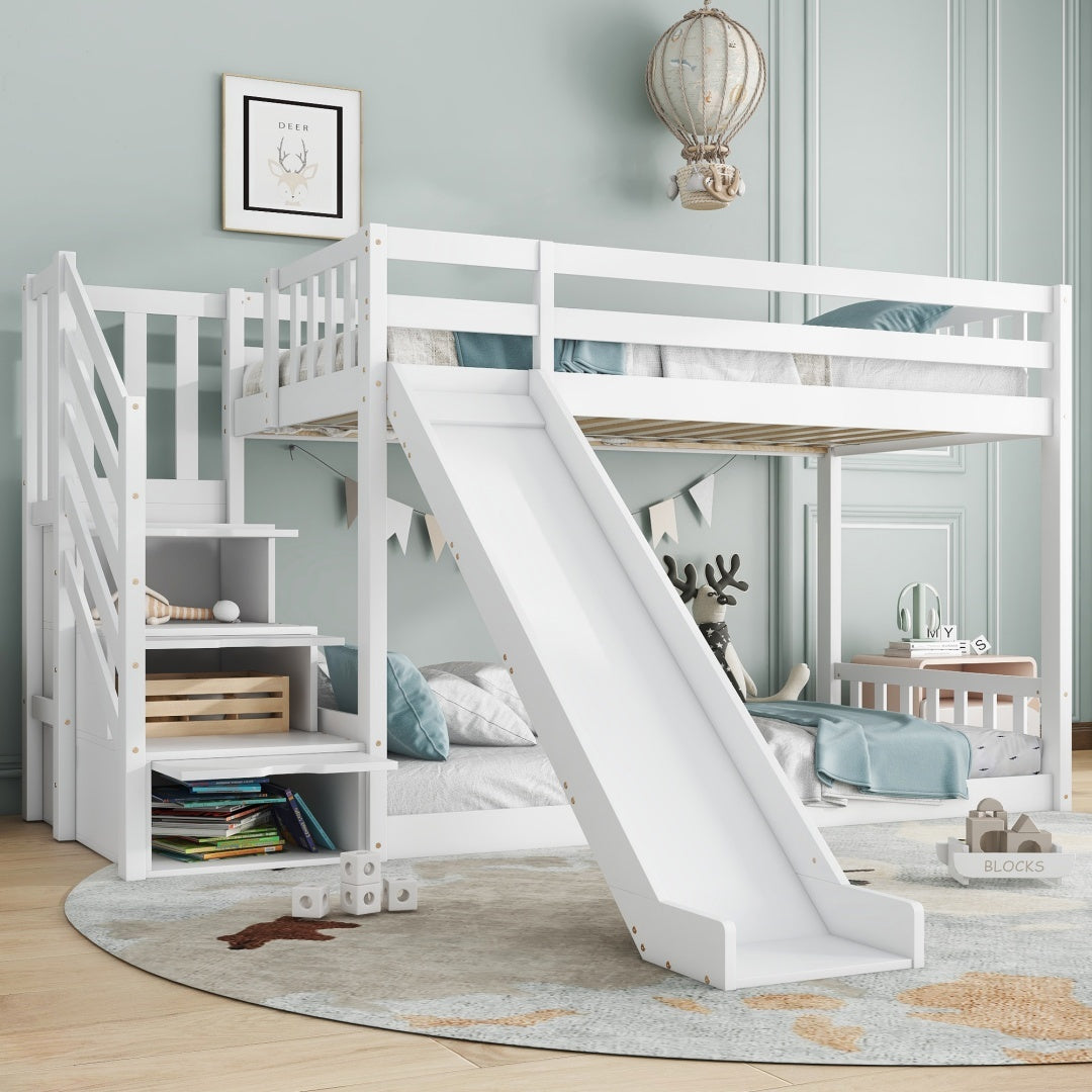 Kids Pine Bunk Bed with Stairs, Slide &amp; Storage – White 90x190cm