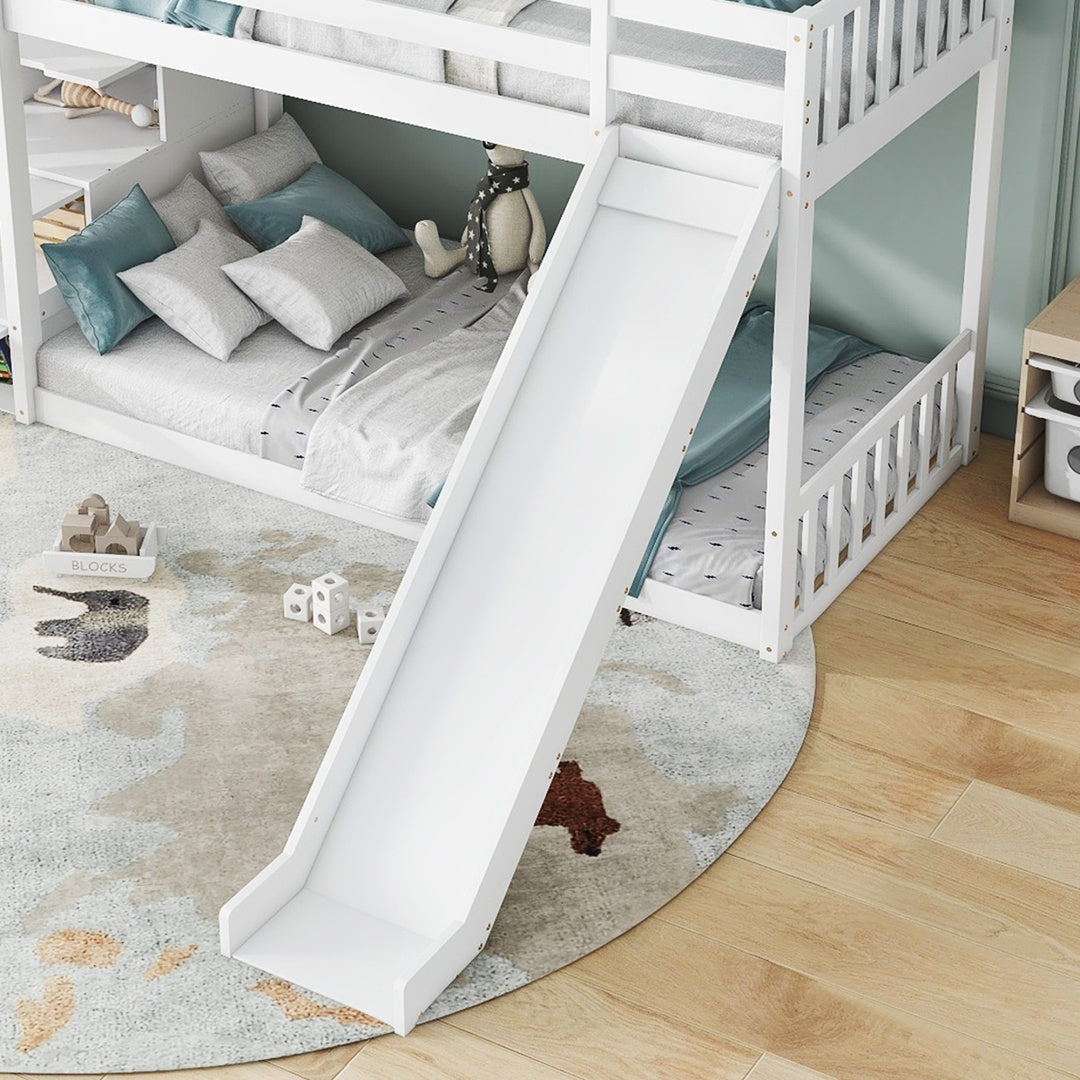 Kids Pine Bunk Bed with Stairs, Slide &amp; Storage – White 90x190cm