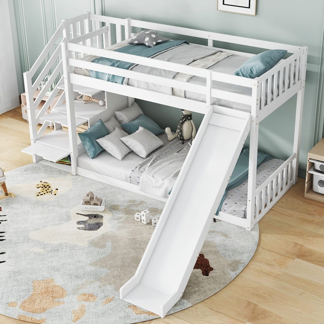 Kids Pine Bunk Bed with Stairs, Slide &amp; Storage – White 90x190cm