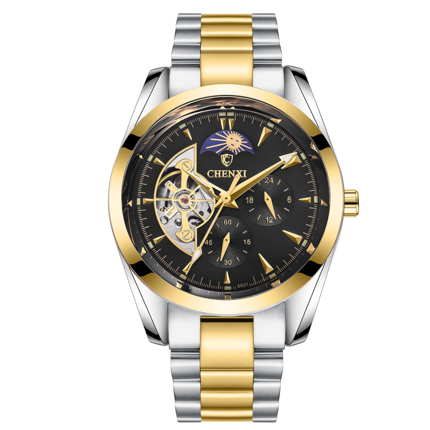 Luxury Automatic Mechanical Watch – Gold & Silver Stainless Steel Skeleton Design