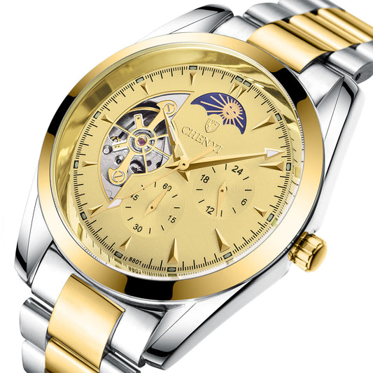 Luxury Automatic Mechanical Watch – Gold & Silver Stainless Steel Skeleton Design