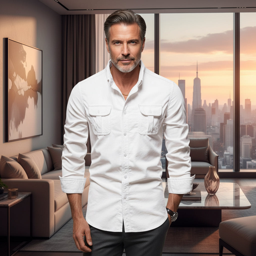 Men’s Long Sleeve Linen Shirt – Casual College Style Blue Top