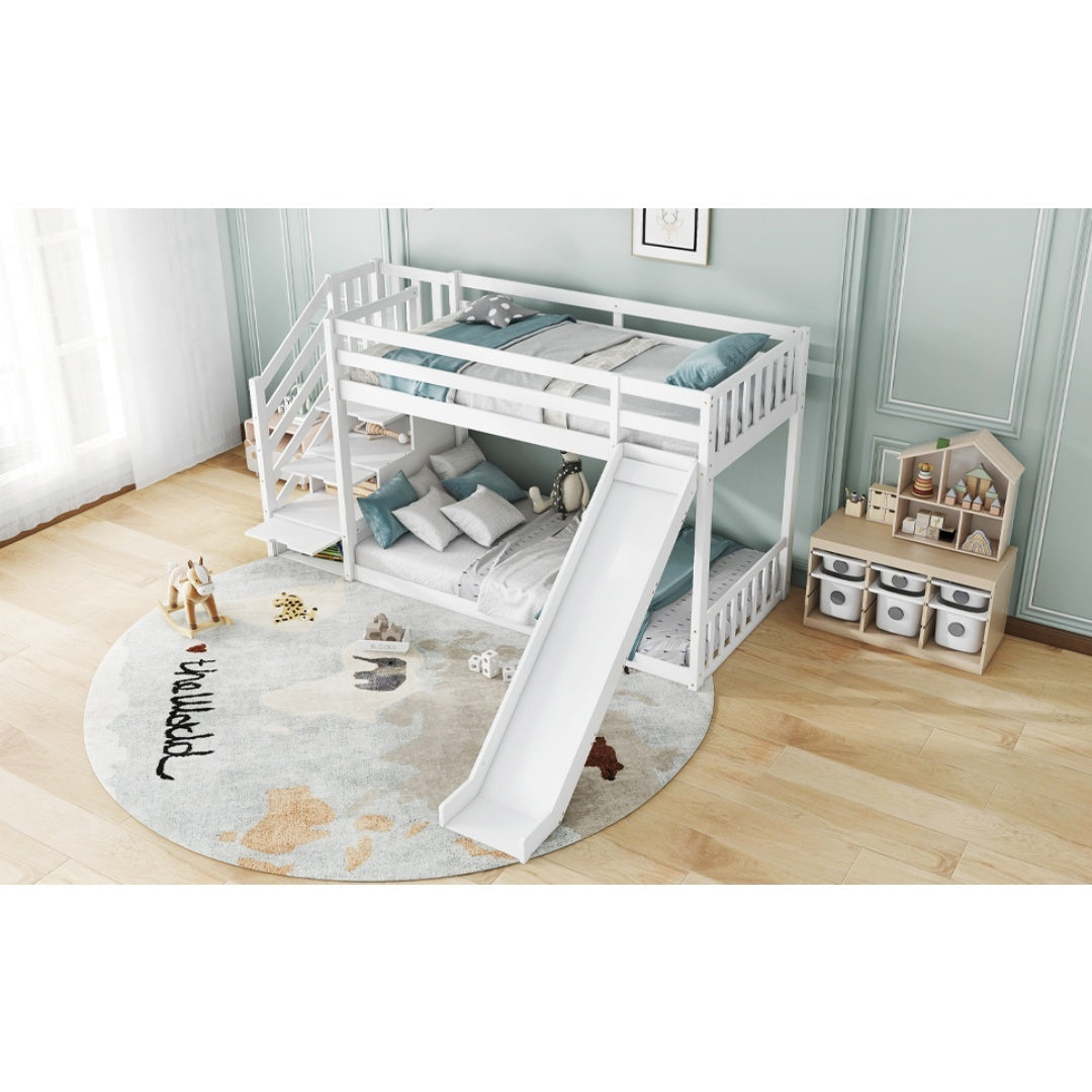 Kids Pine Bunk Bed with Stairs, Slide &amp; Storage – White 90x190cm