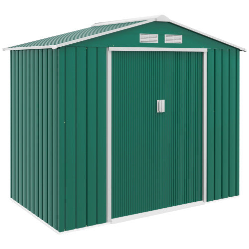Outsunny 7 X ​​4ft Metal Garden Shed, Outdoor Storage Tool House With Ventilation Slots, Foundation Kit And Lockable Double Doors, Green