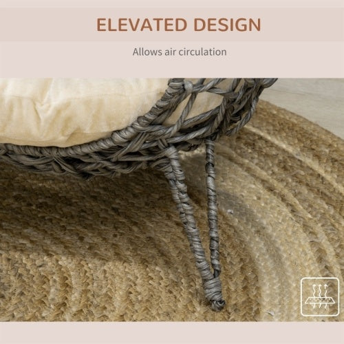PawHut Rattan Elevated Cat Bed House Kitten Basket Ball Shaped Pet Furniture W Removable Cushion - Silver-Tone And Gray