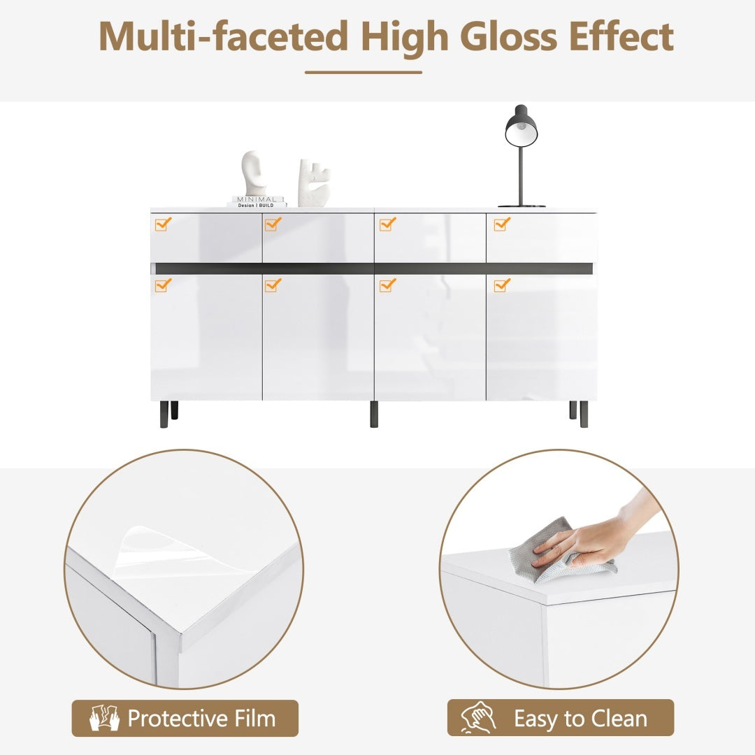 Modern White Sideboard Cabinet with 4 Drawers &amp; 4 Doors – 160x40x68cm