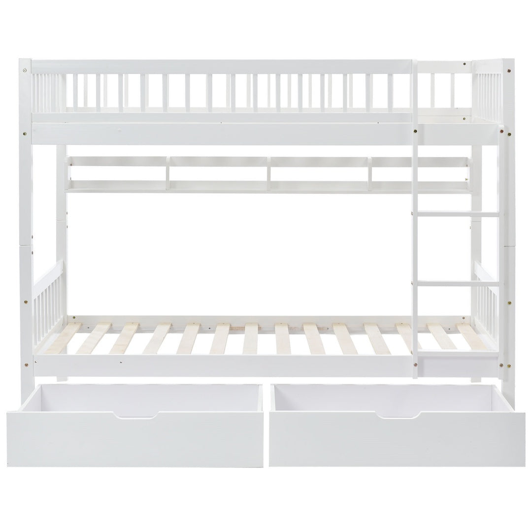 Solid Pine Kids Bunk Bed with Slide Drawer &amp; Shelf – White 90x190cm