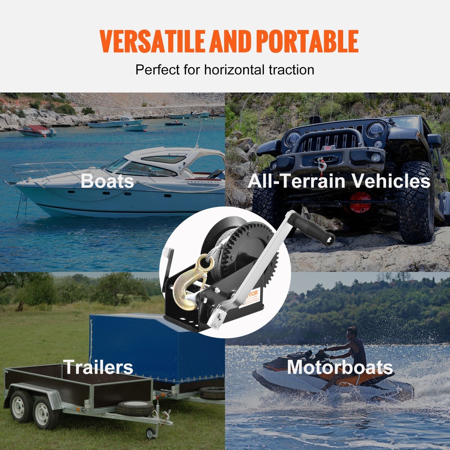 Hand Winch, 1587.6 Kg Pulling Capacity, Boat Trailer Winch Heavy Duty Rope Crank With 1005.8 Cm Steel Wire Cable And Two-Way Ratchet, Manual Operated Hand Crank Winch For Trailer, Boat Or ATV Towing