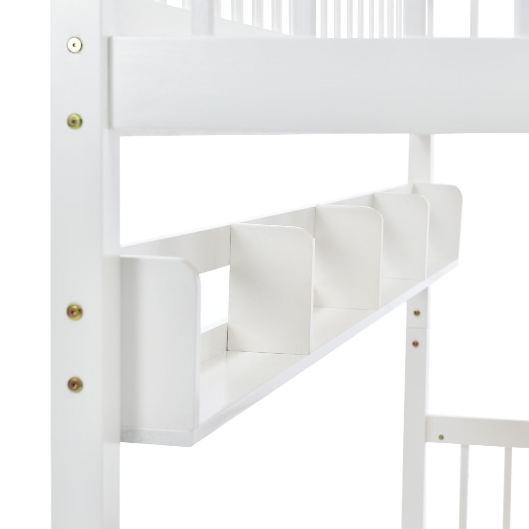 Solid Pine Kids Bunk Bed with Slide Drawer &amp; Shelf – White 90x190cm