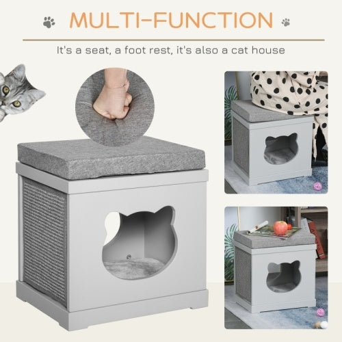 PawHut Cat House Bed Kitten Cave Cube Indoor For Small Pet With Removable Sisal Scratching Pads Soft Cushions, 41x30x36 Cm, Gray