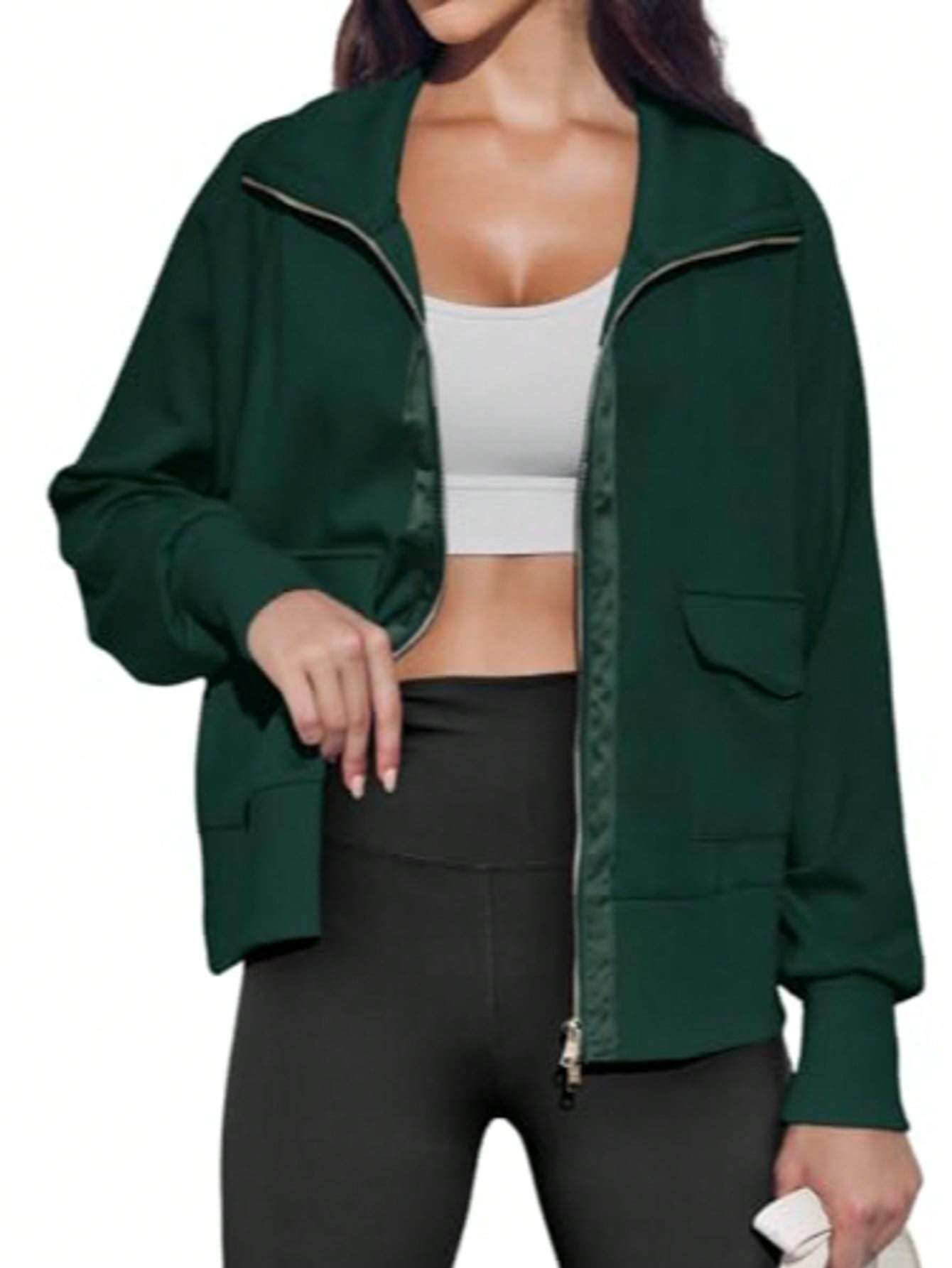 Fisoew Women's Zip Up Sweatshirt Collared Neck Long Sleeve Loose Casual Lightweight Jacket With Pockets