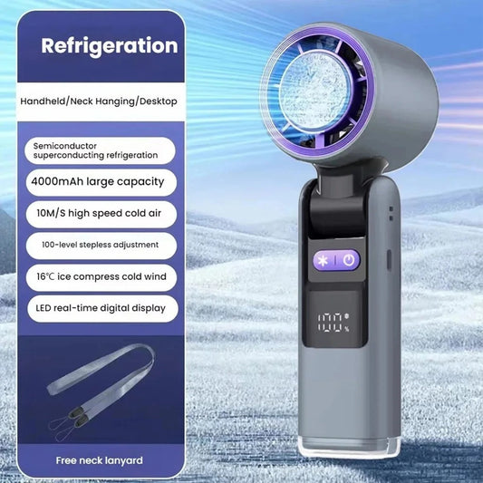 Violent Ice Cooling Fan Handheld Portable Fan Rechargeable Speed ​​Ice Cooling Handheld Small Fan High Speed ​​Folding Neck Type Fan Random Color