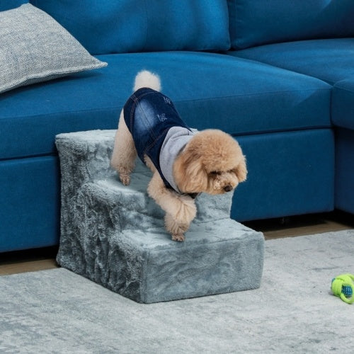 PawHut Three-Step Dog Stairs, With Washable Plush Cover, For High Bed Sofa, Dog Stairs For Small Dog And Cat - Light Gray