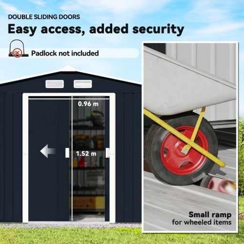 Outsunny 9 x 6ft Metal Bicycle Shed, Outdoor Storage Tool House with Ventilation Slots, Foundation Kit and Lockable Double Doors, Dark Gray