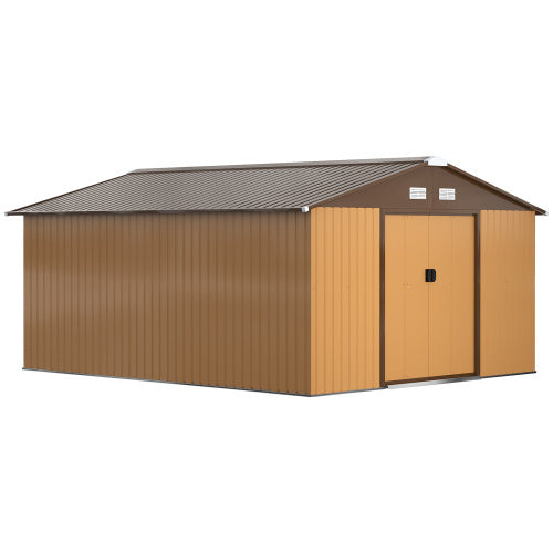 Outsunny 13 X 11ft Metal Garden Shed, Outdoor Storage Tool House With Ventilation Slots, Foundation Kit And Lockable Double Doors, Light Brown