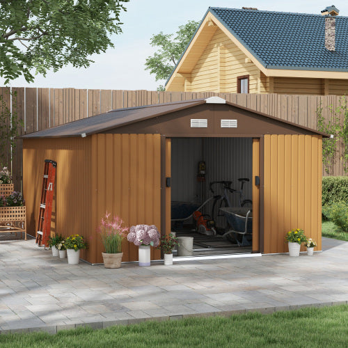 Outsunny 13 X 11ft Metal Garden Shed, Outdoor Storage Tool House With Ventilation Slots, Foundation Kit And Lockable Double Doors, Light Brown