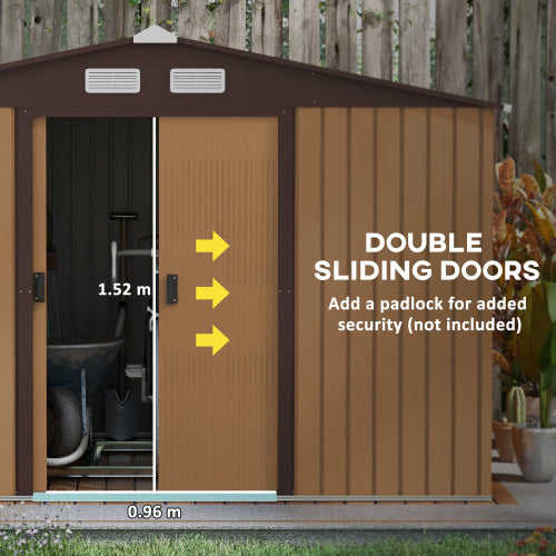 Outsunny 9 X 6ft Metal Garden Shed, Outdoor Storage Tool House With Ventilation Slots, Foundation Kit And Lockable Double Doors, Light Brown