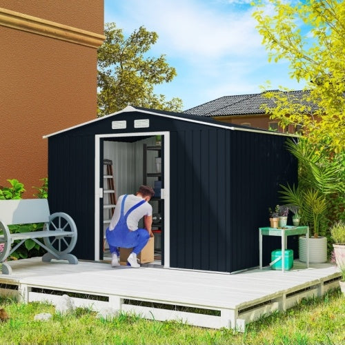 Outsunny 9 x 6ft Metal Bicycle Shed, Outdoor Storage Tool House with Ventilation Slots, Foundation Kit and Lockable Double Doors, Dark Gray