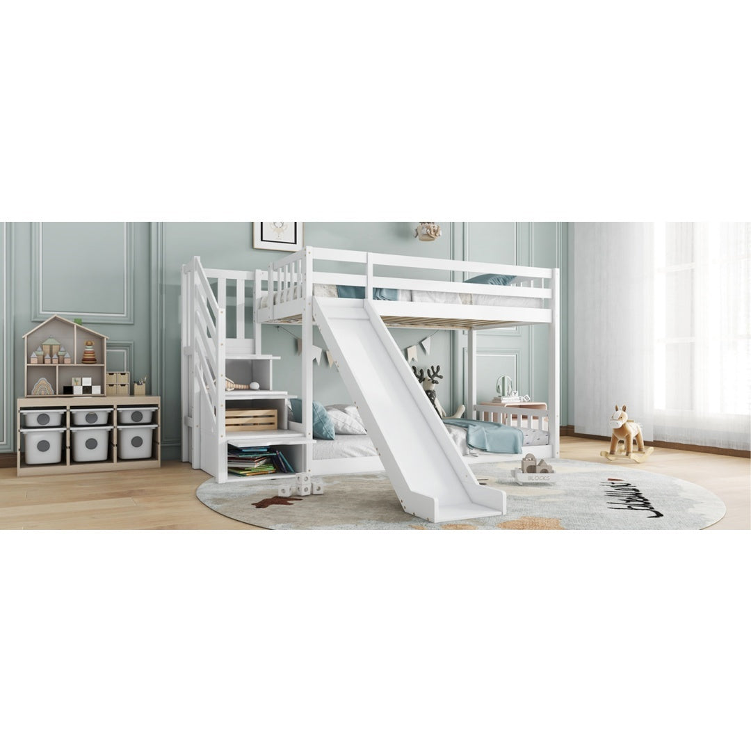 Kids Pine Bunk Bed with Stairs, Slide &amp; Storage – White 90x190cm