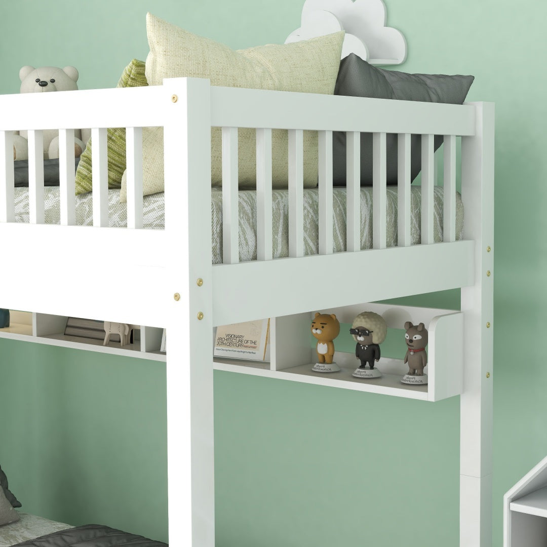 Solid Pine Kids Bunk Bed with Slide Drawer &amp; Shelf – White 90x190cm