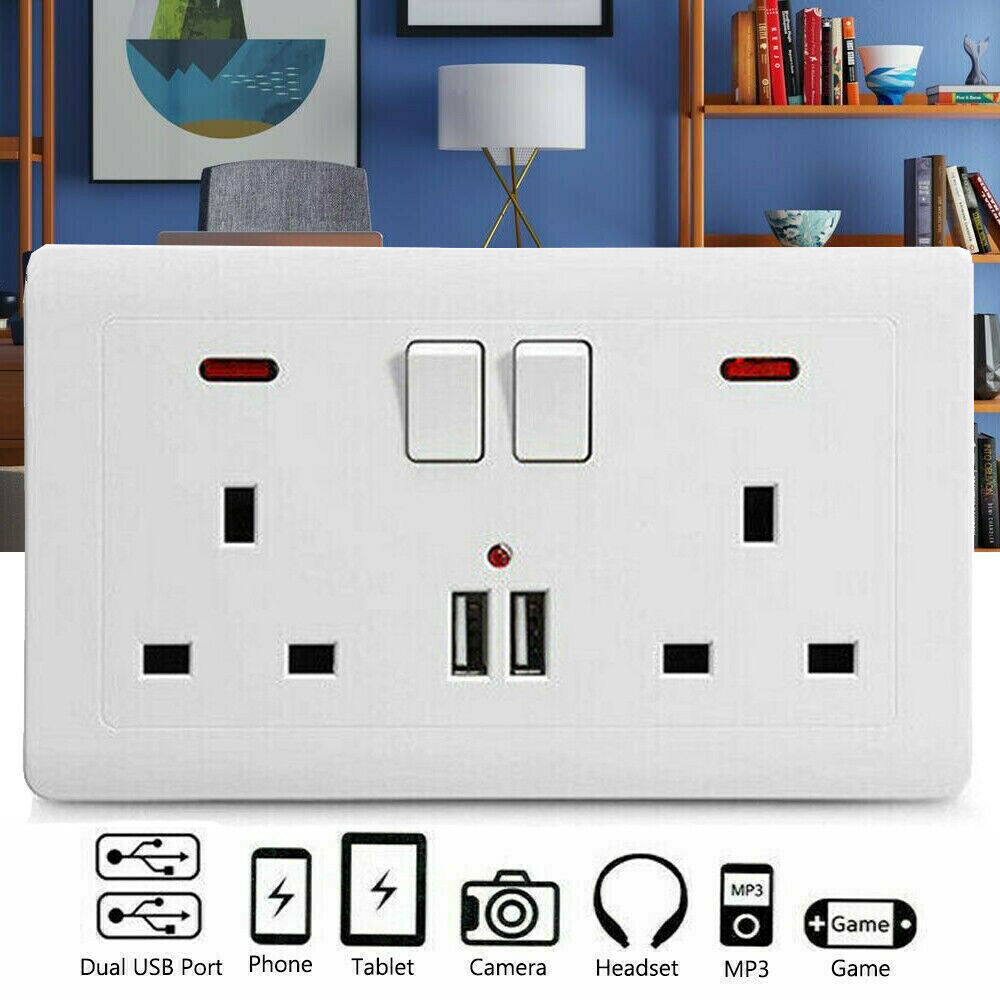 Double Wall Plug Socket 2 Gang 13A W 2 Charger USB  Outlets Flat Plate UK