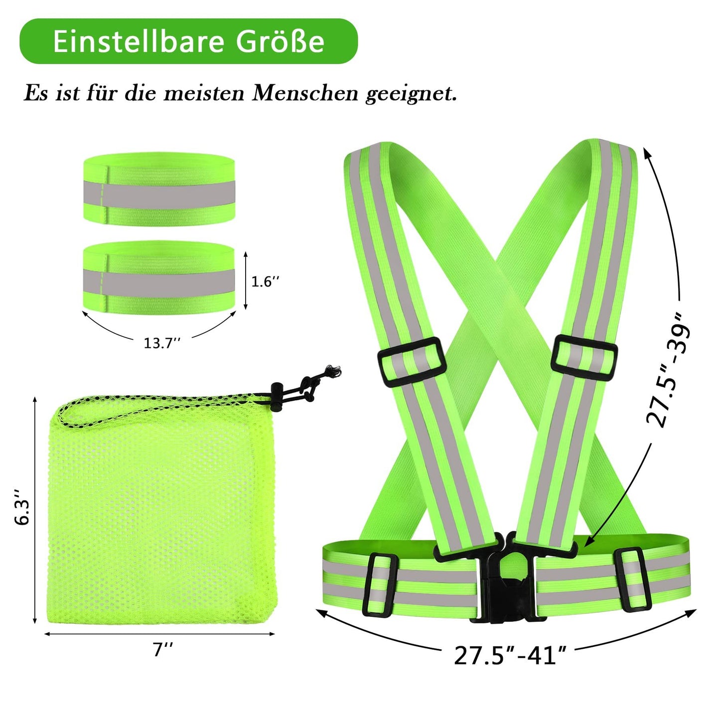 7-in-1 Reflective Vest Set, 2 Adjustable High Visibility Vests, 4 Reflective Wristbands And 1 Yellow Storage Bag For Jogging, Cycling And Hiking In The Dark,