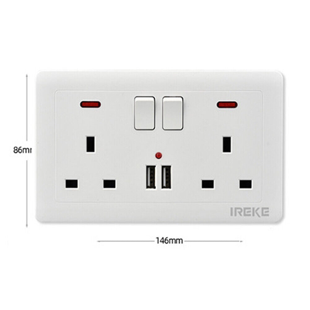 Double Wall Plug Socket 2 Gang 13A W 2 Charger USB  Outlets Flat Plate UK