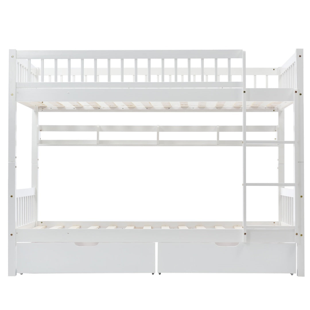Solid Pine Kids Bunk Bed with Slide Drawer &amp; Shelf – White 90x190cm