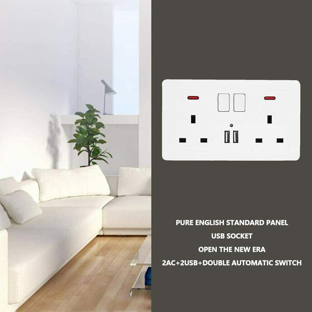 Double Wall Plug Socket 2 Gang 13A W 2 Charger USB  Outlets Flat Plate UK