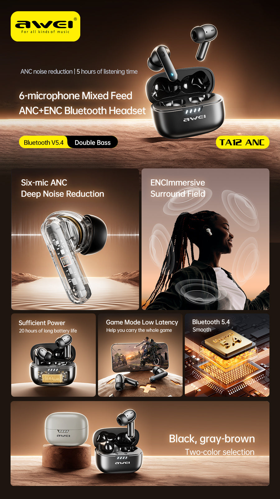 AWEI6 MI ANC ENCA NOISE CANCELLING BLUETOOTH HEADSET