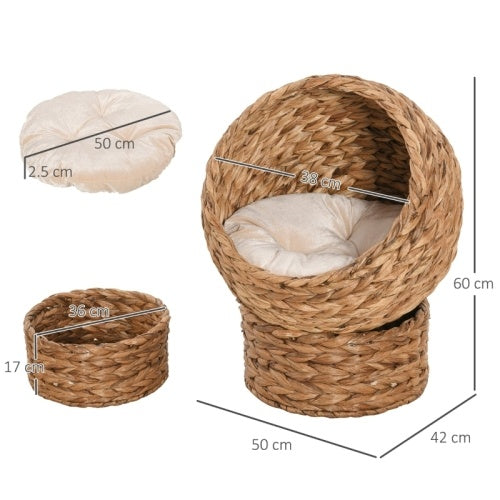 PawHut Wicker Cat Bed, Raised Rattan Cat Basket With Cylindrical Base, Soft Washable Cushion, 50 X 42 X 60 Cm - Brown