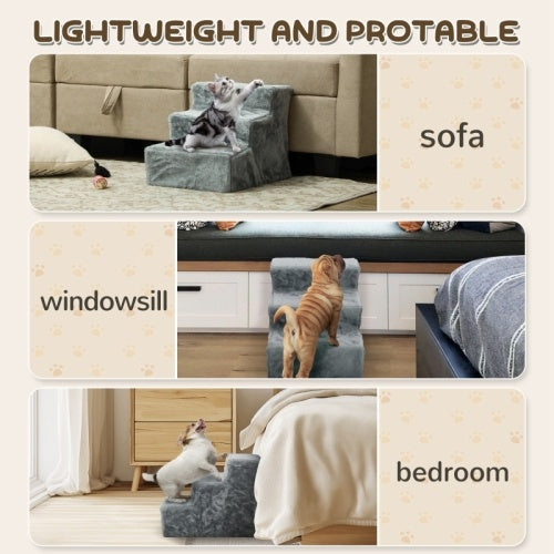 PawHut Three-Step Dog Stairs, With Washable Plush Cover, For High Bed Sofa, Dog Stairs For Small Dog And Cat - Light Gray