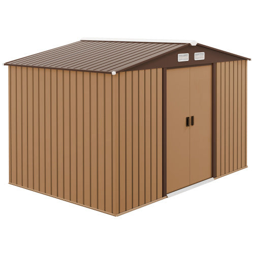 Outsunny 9 X 6ft Metal Garden Shed, Outdoor Storage Tool House With Ventilation Slots, Foundation Kit And Lockable Double Doors, Light Brown