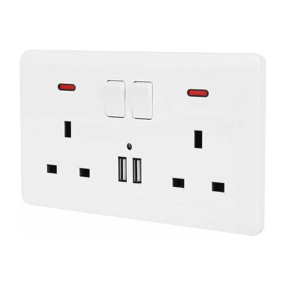 Double Wall Plug Socket 2 Gang 13A W 2 Charger USB  Outlets Flat Plate UK